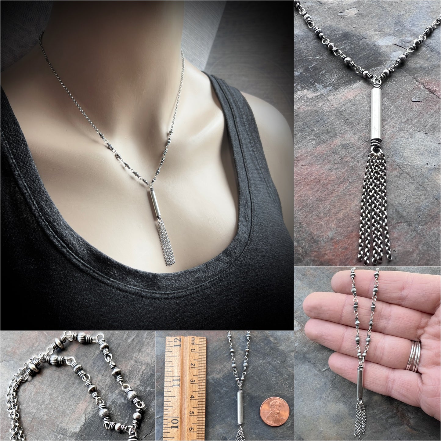 Sterling Silver Beaded Tassel Necklace | Long Wire-Wrapped Drop Pendant