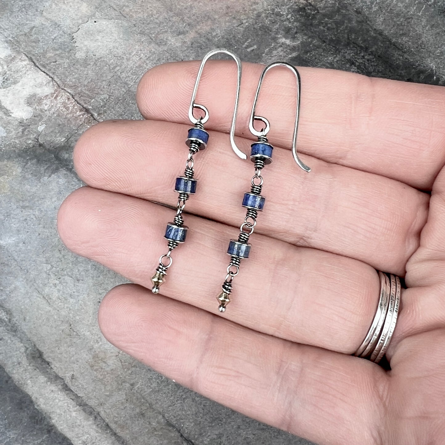 Sterling Silver Lapis Lazuli Earrings | Blue Natural Stone Wire-wrapped Dangle Earrings