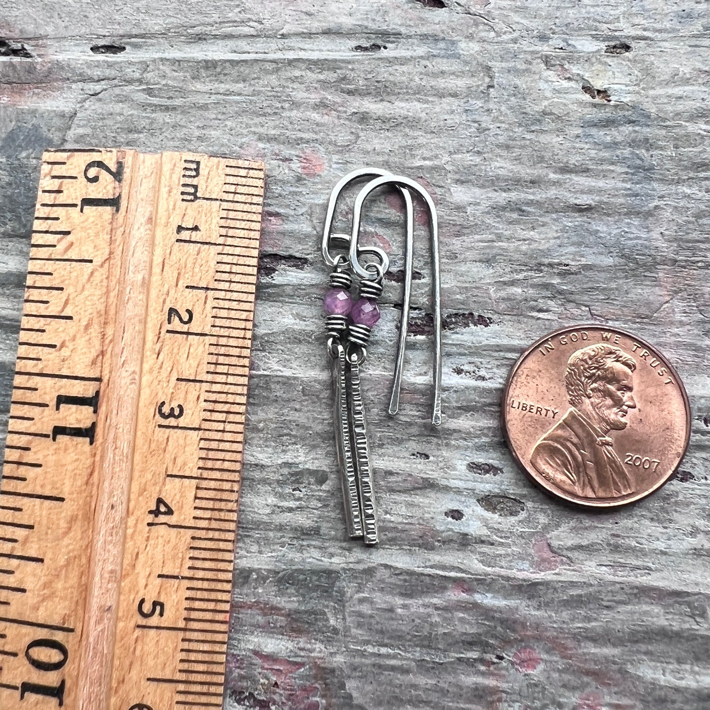 Customizable Sterling Silver Birthstone Earrings | Genuine Gemstone and Hammered Bar Dangle Earrings