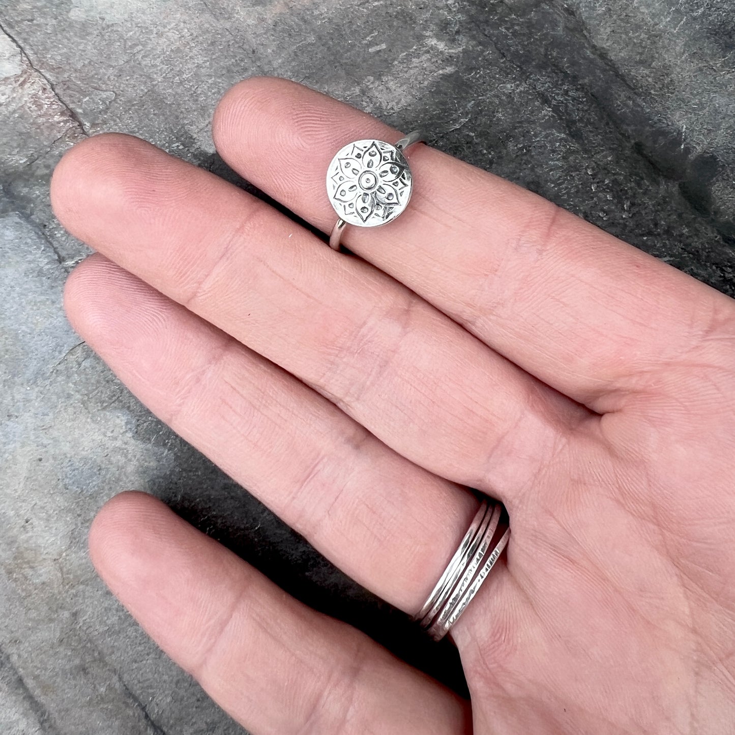 Sterling Silver Flower Medallion Ring | Stamped Silver Circle Floral Pattern Ring