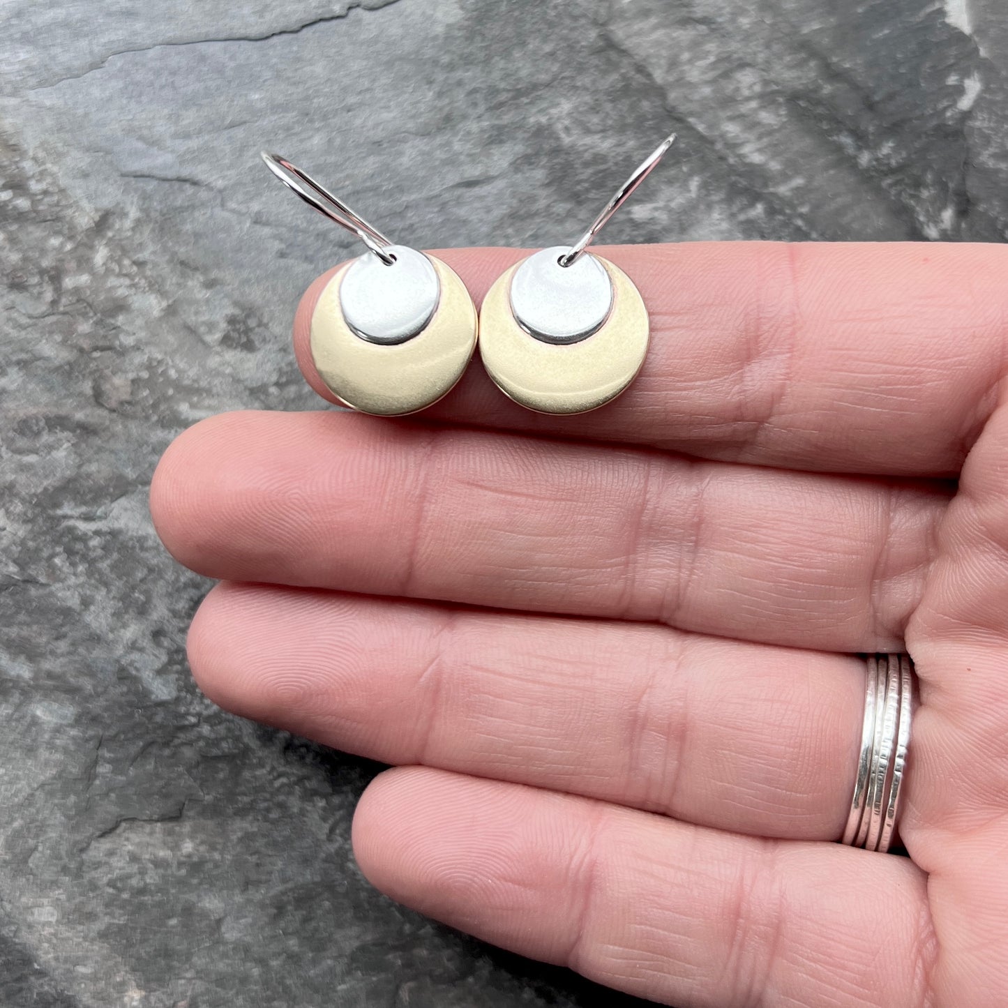 Sterling Silver and Golden Brass Earrings | Mixed Metal Layered Circle Dangles