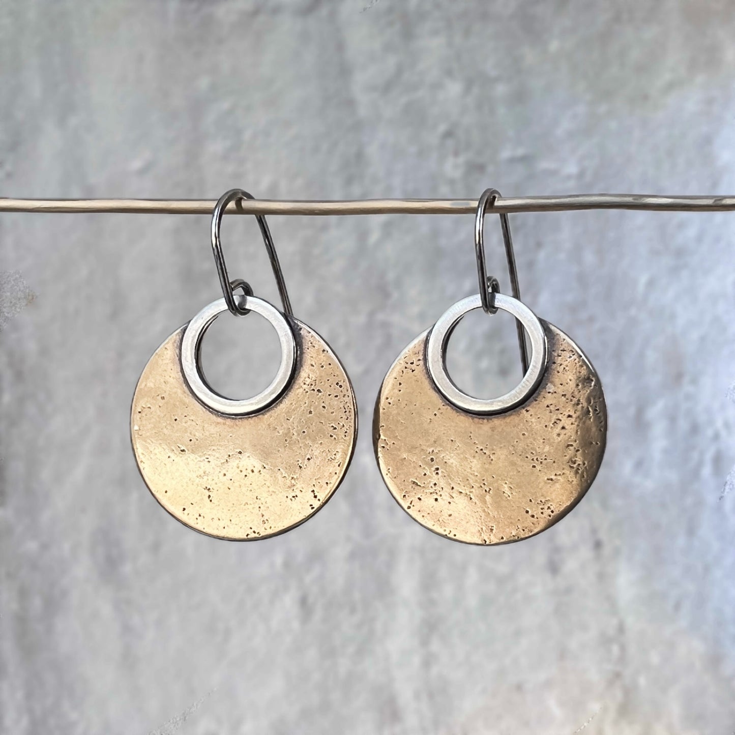 Sterling Silver and Gold Brass Earrings | Mixed Metal Modern Circle Dangle Earrings