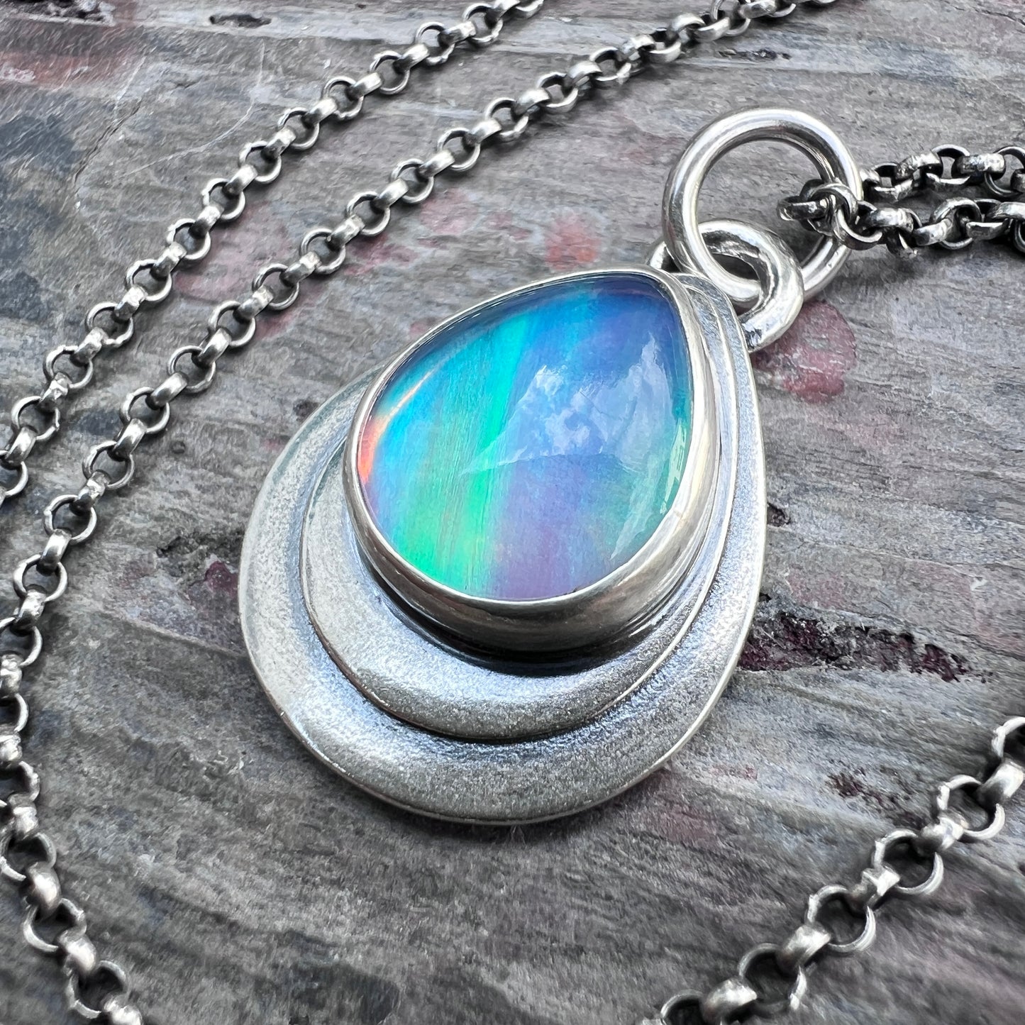 Sterling Silver Aurora Opal Teardrop Pendant Necklace -Stone 2