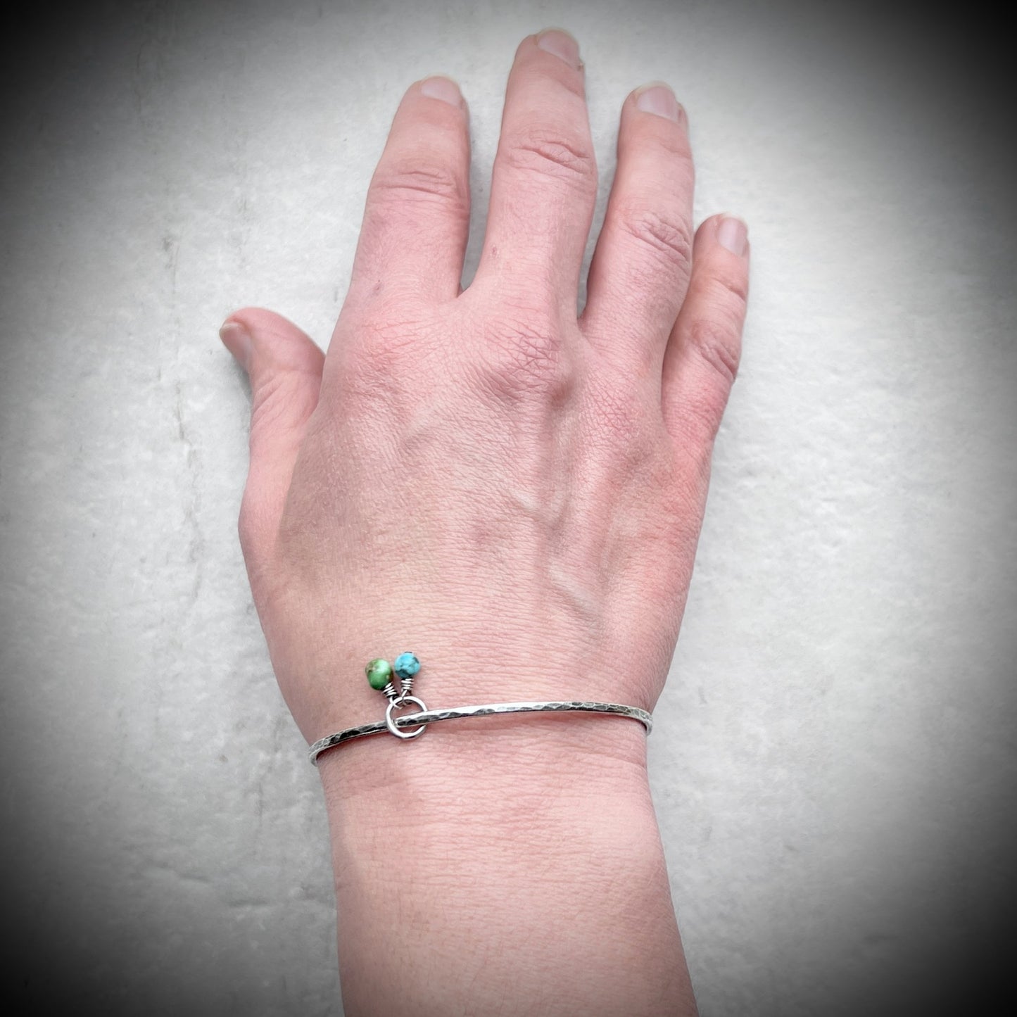 Sterling Silver Turquoise Bracelet | Genuine Turquoise and Hammered Silver Bangle Bracelet