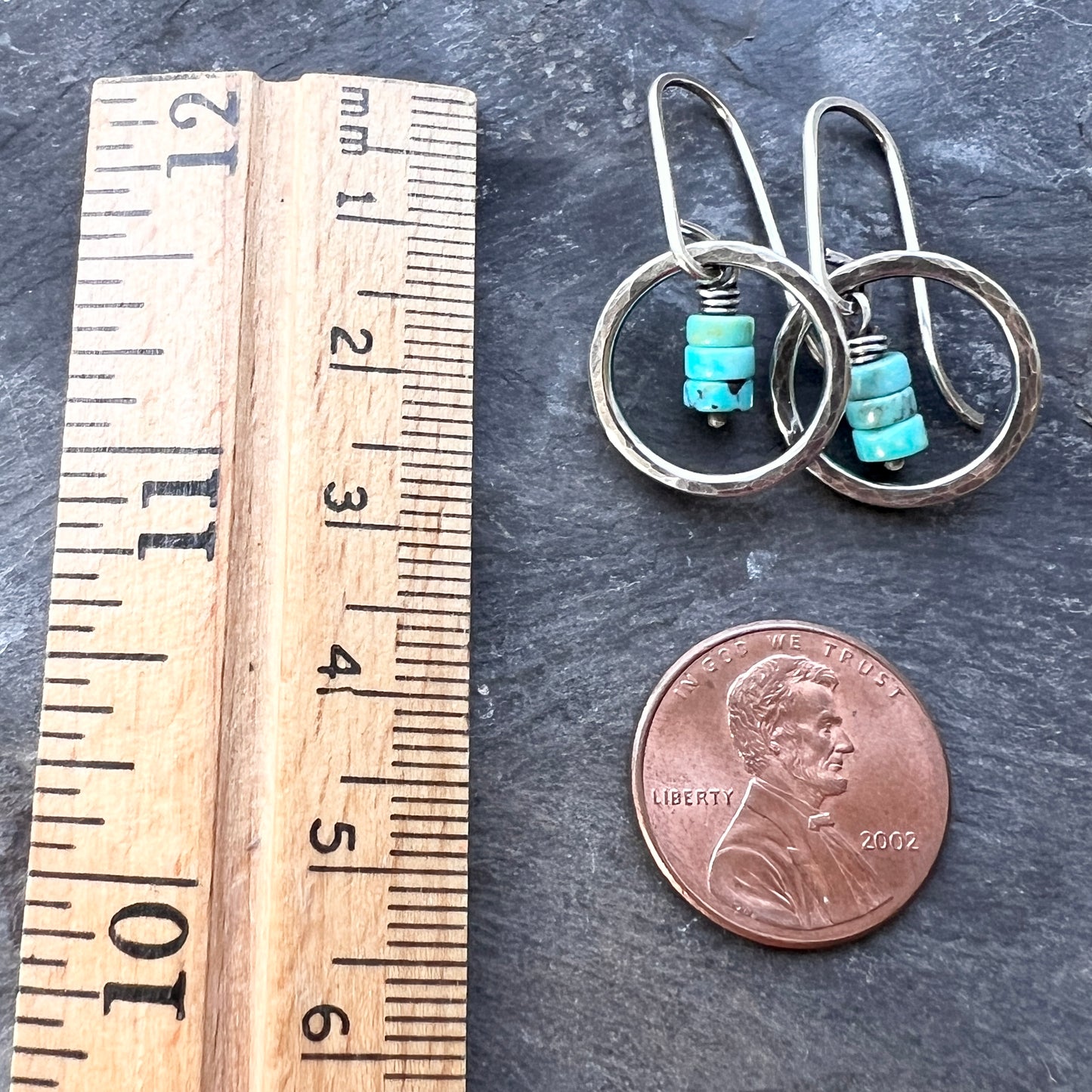 Turquoise Sterling Silver Earrings - Genuine Turquoise in Hammered Circles