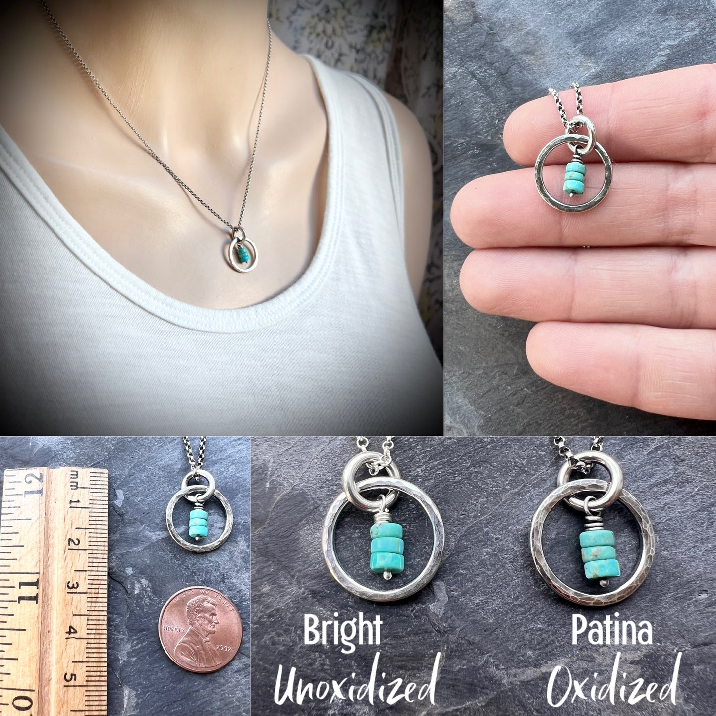 Turquoise Sterling Silver Necklace - Genuine Turquoise in Hammered Circle Pendant