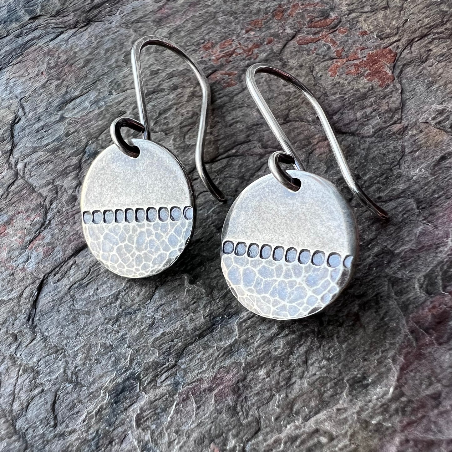 Sterling Silver Circle Earrings with Hammered and Stamped Design
