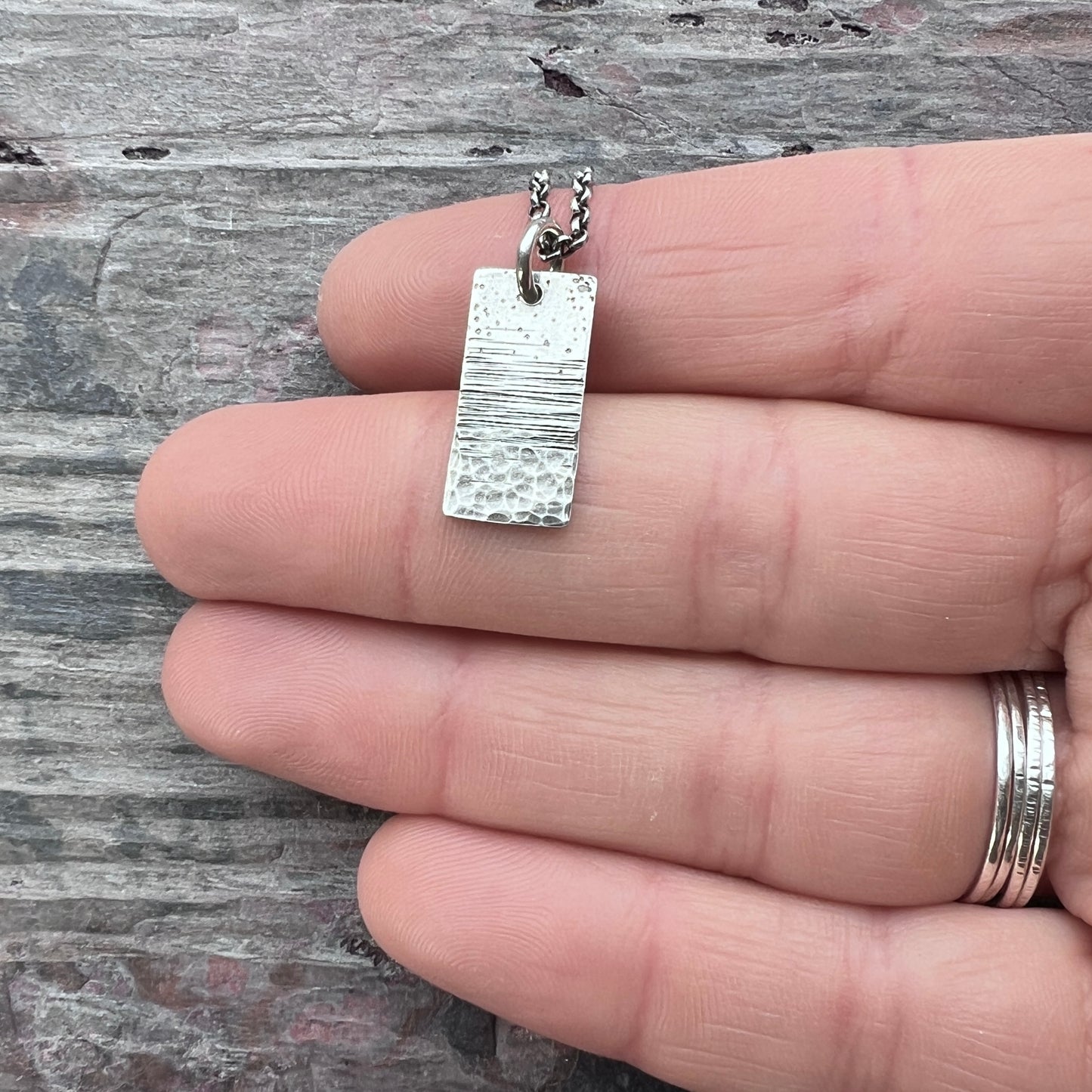 Sterling Silver Hammered Necklace | Artsy Multi Textured Rectangle Pendant