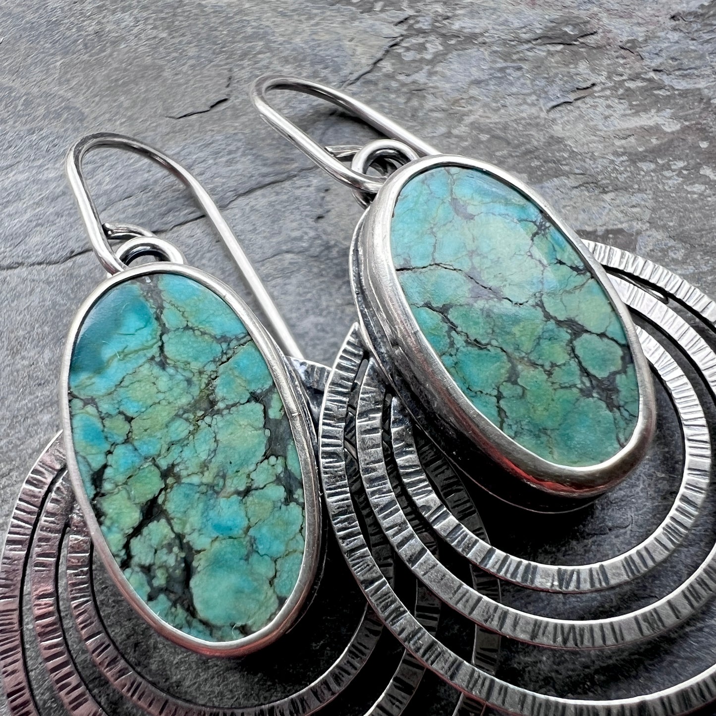 Genuine Turquoise Sterling Silver Earrings | Natural Stone Cabochons with Textured Hoop Dangles