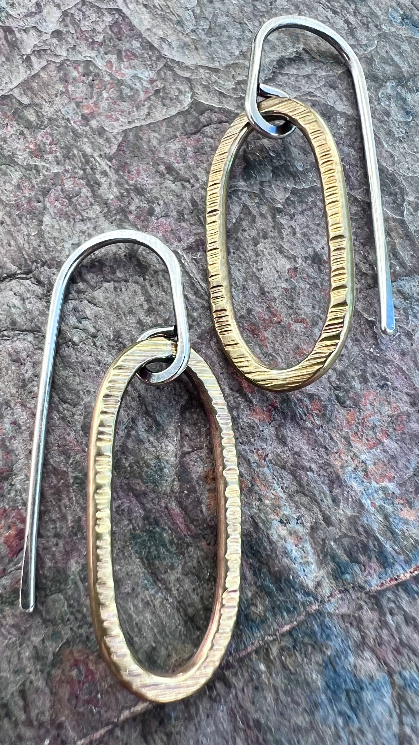 Brass and Sterling Silver Mixed Metal Earrings - Golden Brass Elongated Ovals on Handmade Sterling Silver Earwires