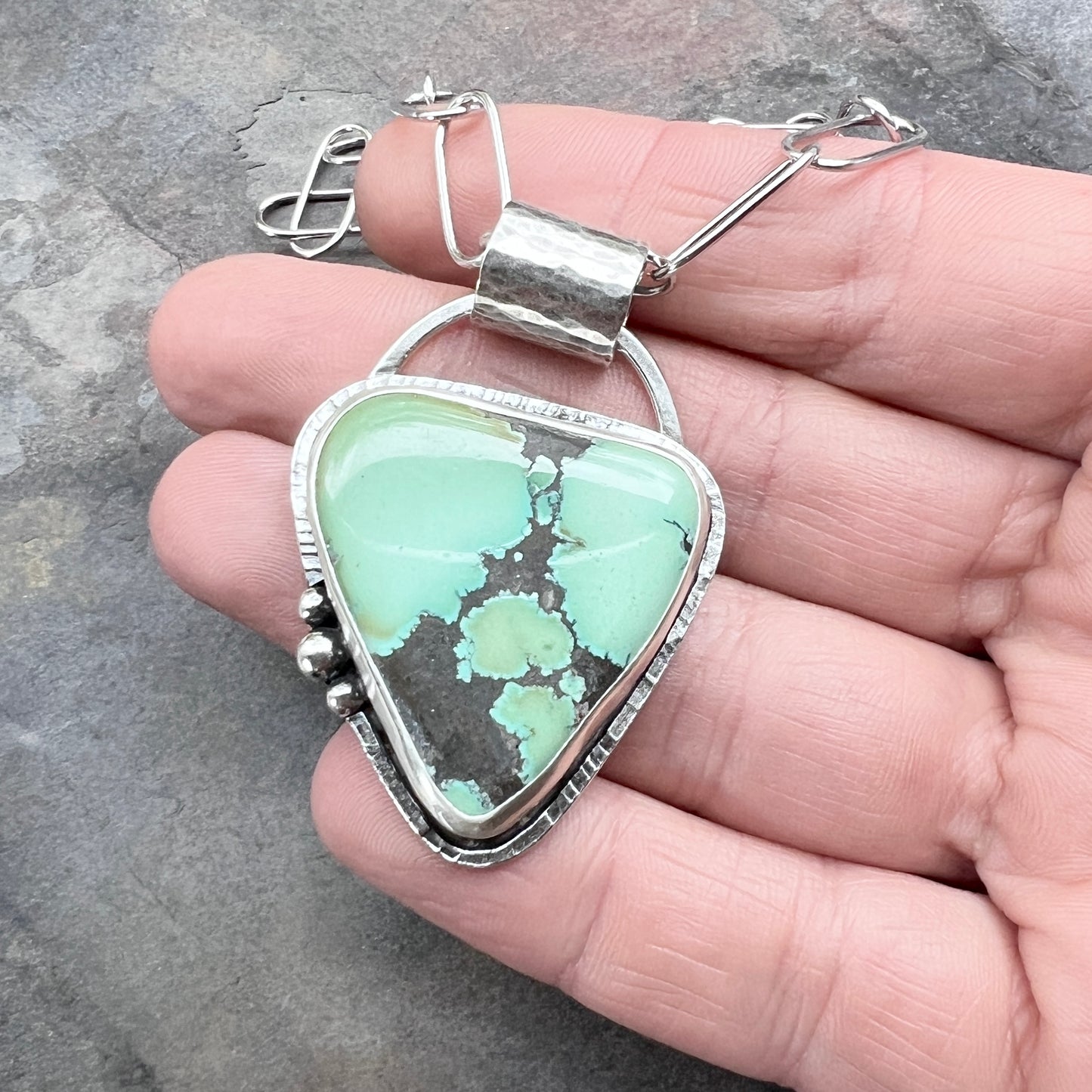 Sterling Silver Turquoise Necklace | Large Genuine Turquoise Pendant on Handmade Chain
