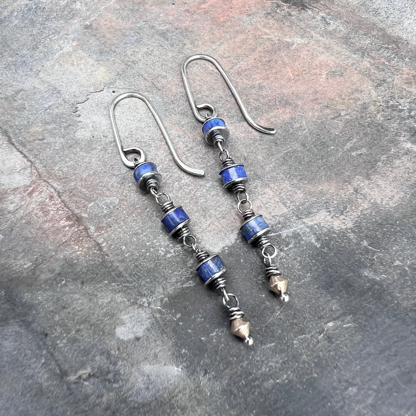 Sterling Silver Lapis Lazuli Earrings | Blue Natural Stone Wire-wrapped Dangle Earrings