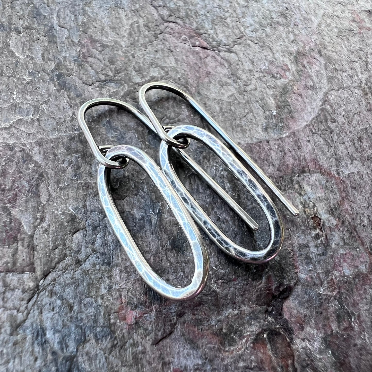 Long Link Sterling Silver Earrings Minimalist Solid Silver Hammered Dangle Drop Earrings