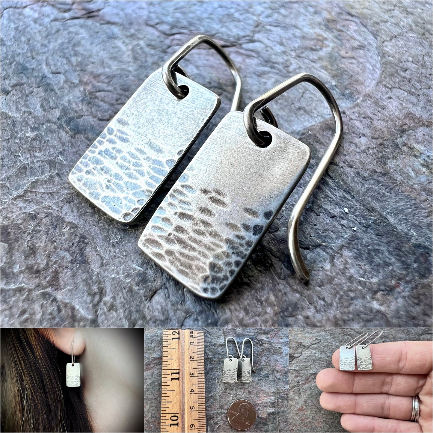 Rectangle Sterling Silver Earrings Solid Silver Hammered Rectangular Small Everyday Earrings
