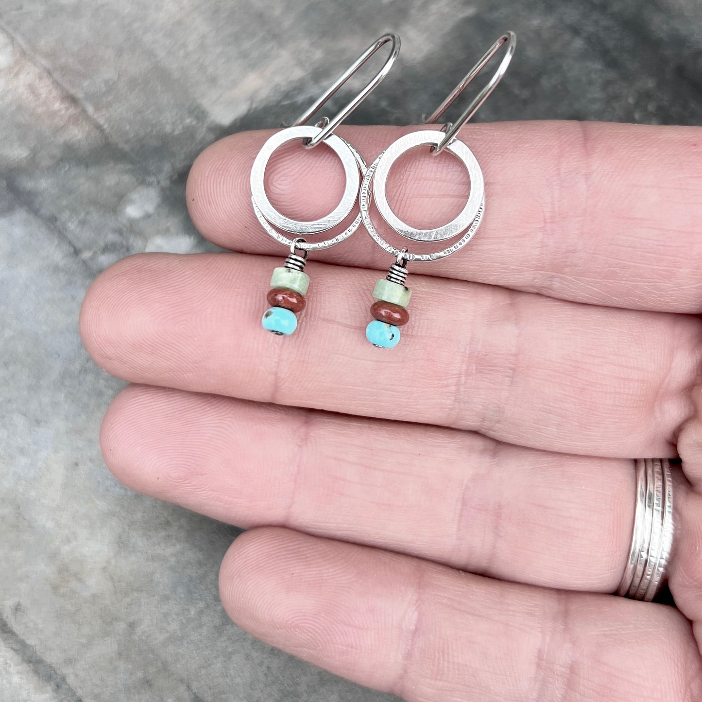 Sterling Silver Natural Stone Earrings | Turquoise, Jasper, and Chrysoprase on Small Hoop Dangles