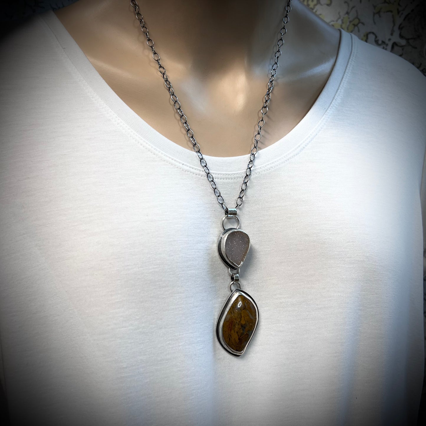 Sterling Silver Ocean Jasper and Druzy Necklace - Handmade One-of-a-kind Pendant on Sterling Silver Chain