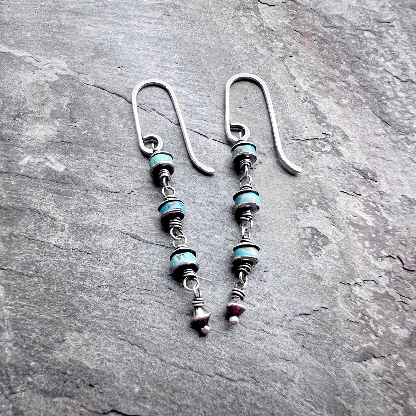 Genuine Turquoise Sterling Silver Earrings | Natural Stone Wire-wrapped Beads Dangle Earrings