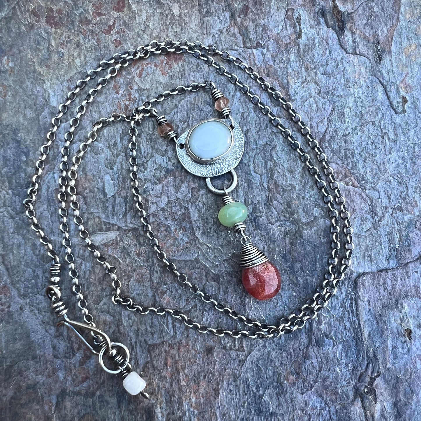 Peruvian Opal and Sunstone Sterling Silver Necklace - Handmade Pendant on Sterling Silver Chain