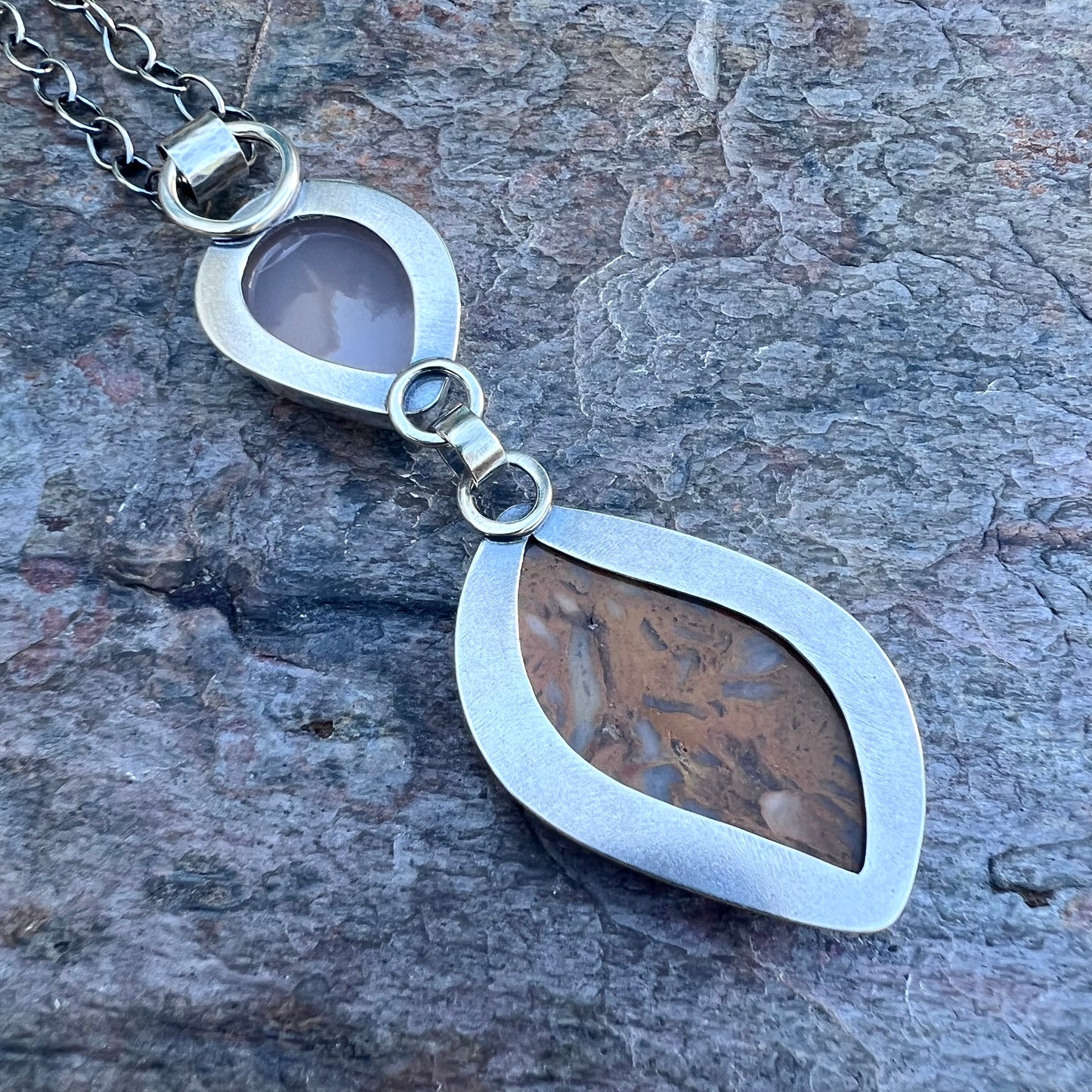 Sterling Silver Ocean Jasper and Druzy Necklace - Handmade One-of-a-kind Pendant on Sterling Silver Chain