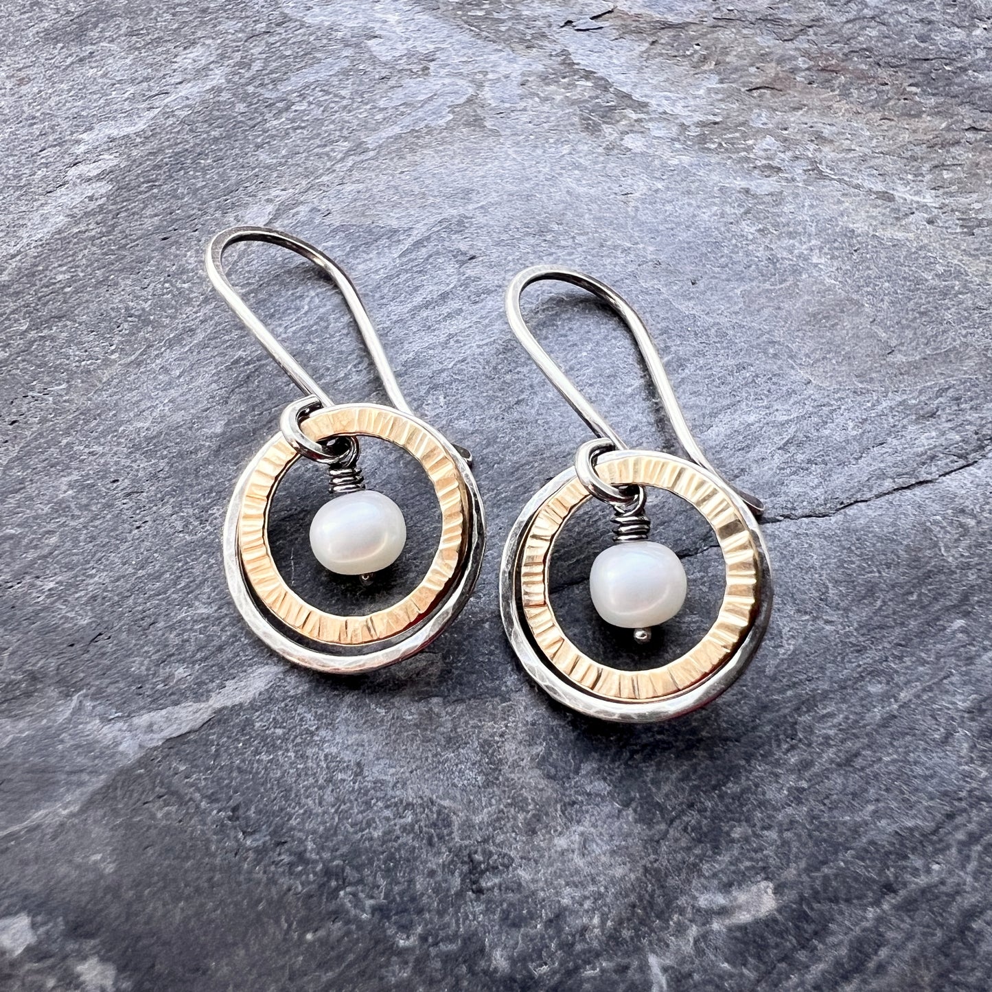 Sterling Silver Mixed Metal Pearl Earrings - Genuine Pearls in Hammered Silver and Brass Dangle Earrings
