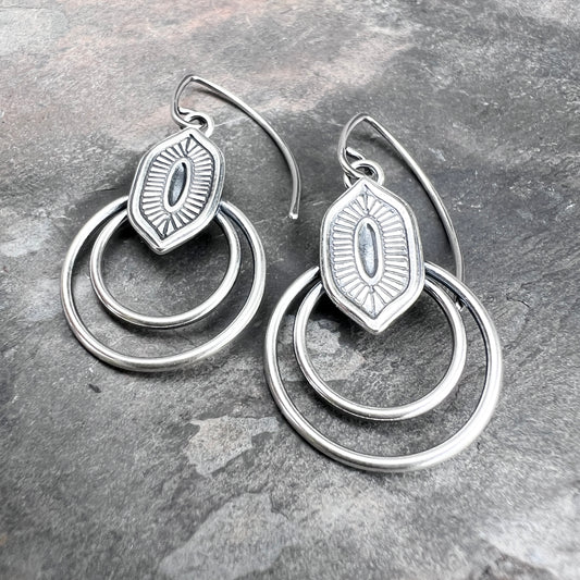 Stamped Sterling Silver Double Hoop Dangle Earrings