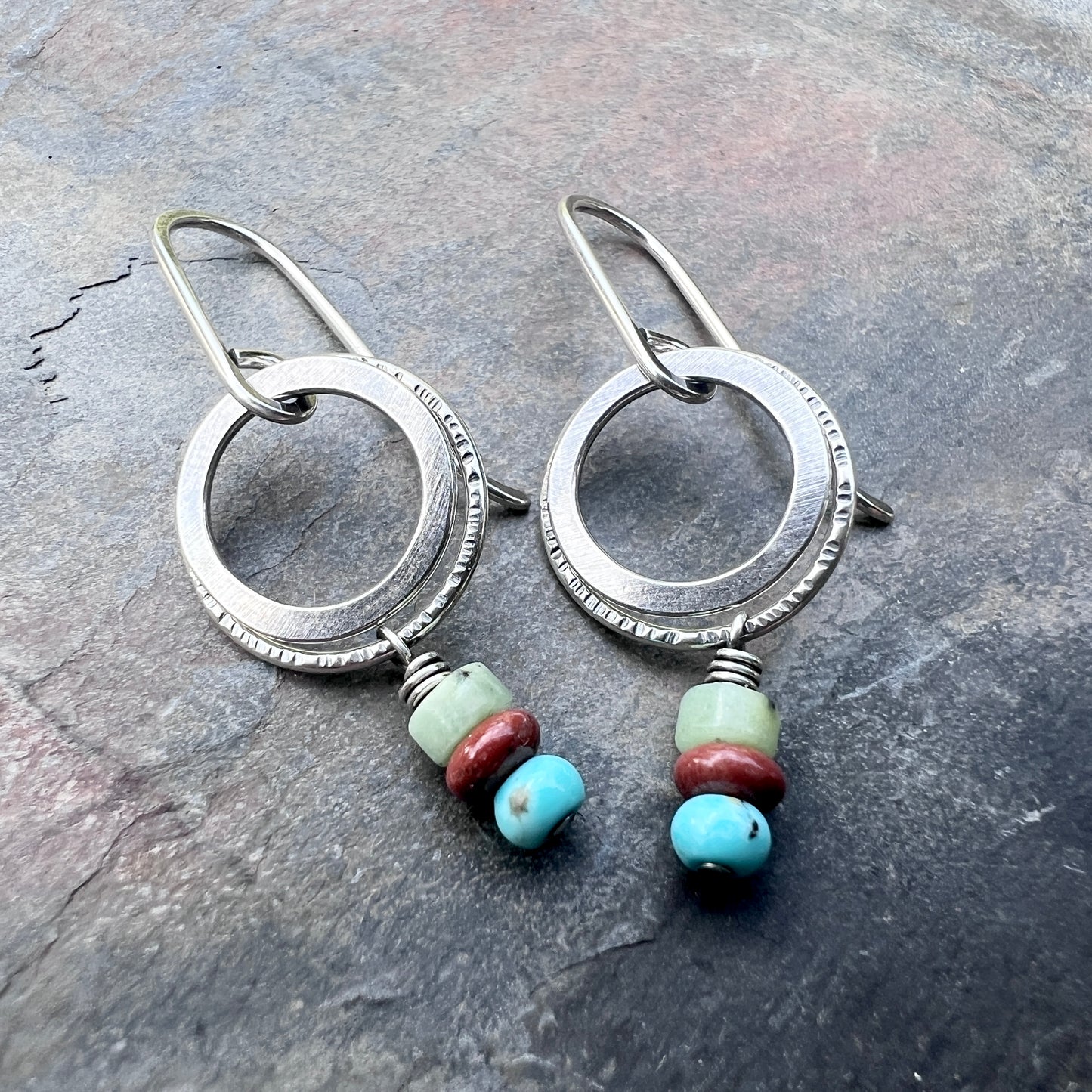 Sterling Silver Natural Stone Earrings | Turquoise, Jasper, and Chrysoprase on Small Hoop Dangles