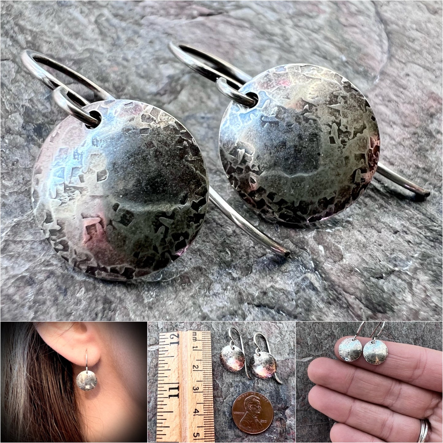 Sterling Silver Disc Earrings Minimalist Solid Silver Hammered Drop Dangle Earrings