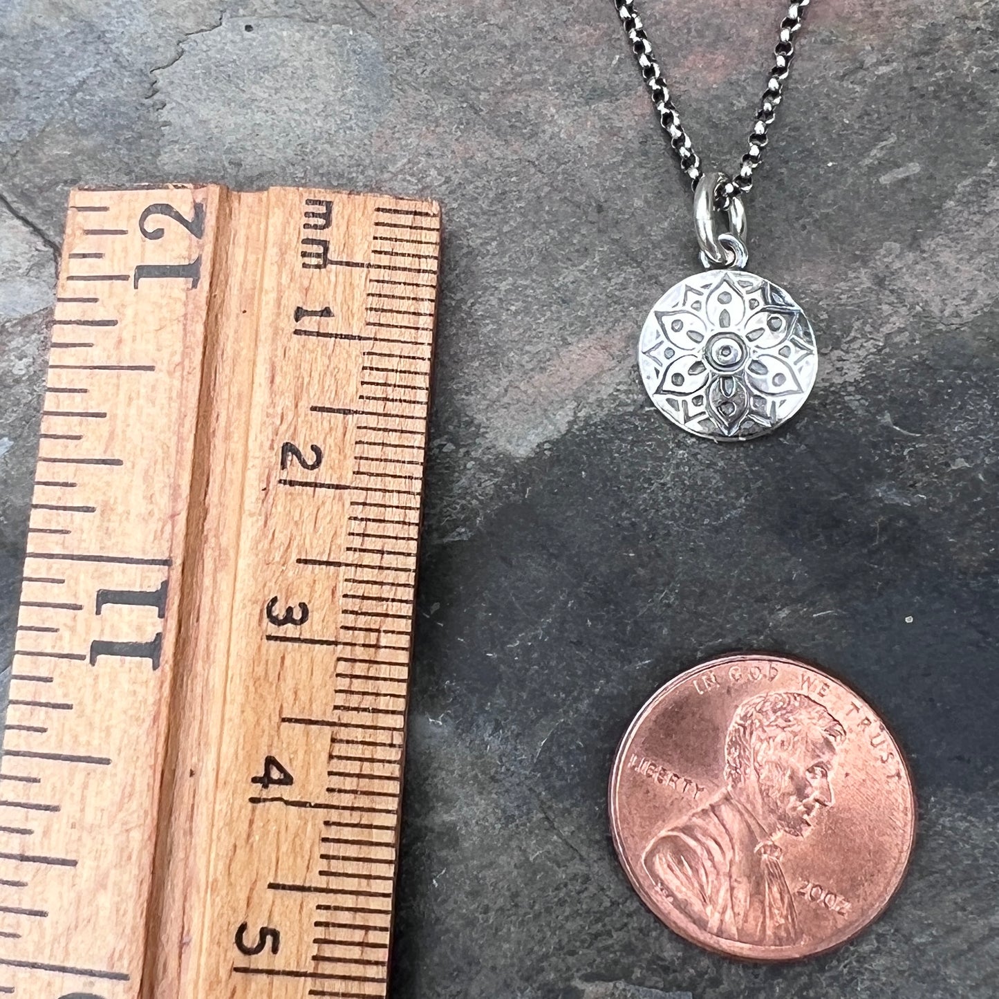 Sterling Silver Small Flower Medallion Necklace | Stamped Silver Circle Pendant on Lightweight Chain