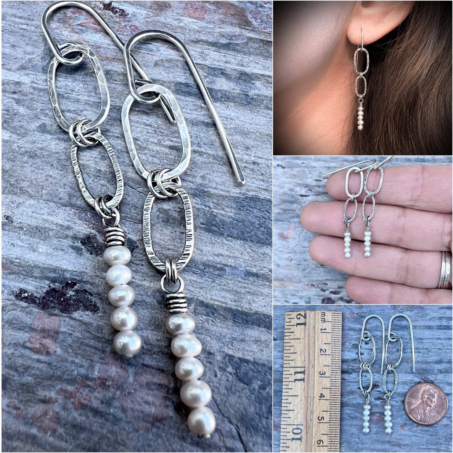 Sterling Silver Pearl Earrings | Hammered Silver Links and Genuine Pearl Long Dangle Earrings