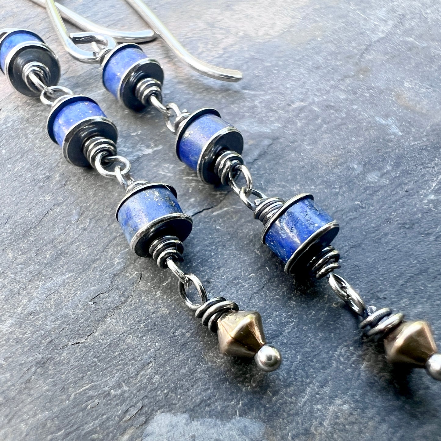 Sterling Silver Lapis Lazuli Earrings | Blue Natural Stone Wire-wrapped Dangle Earrings