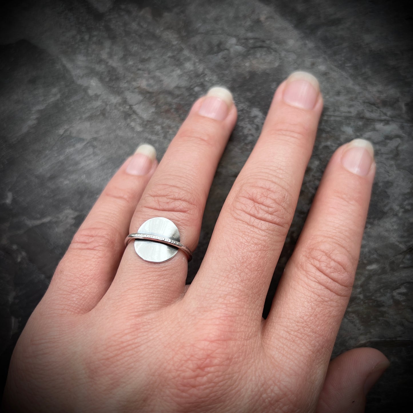 Sterling Silver Circle Ring | Minimalist Circle and Lined Texture Ring
