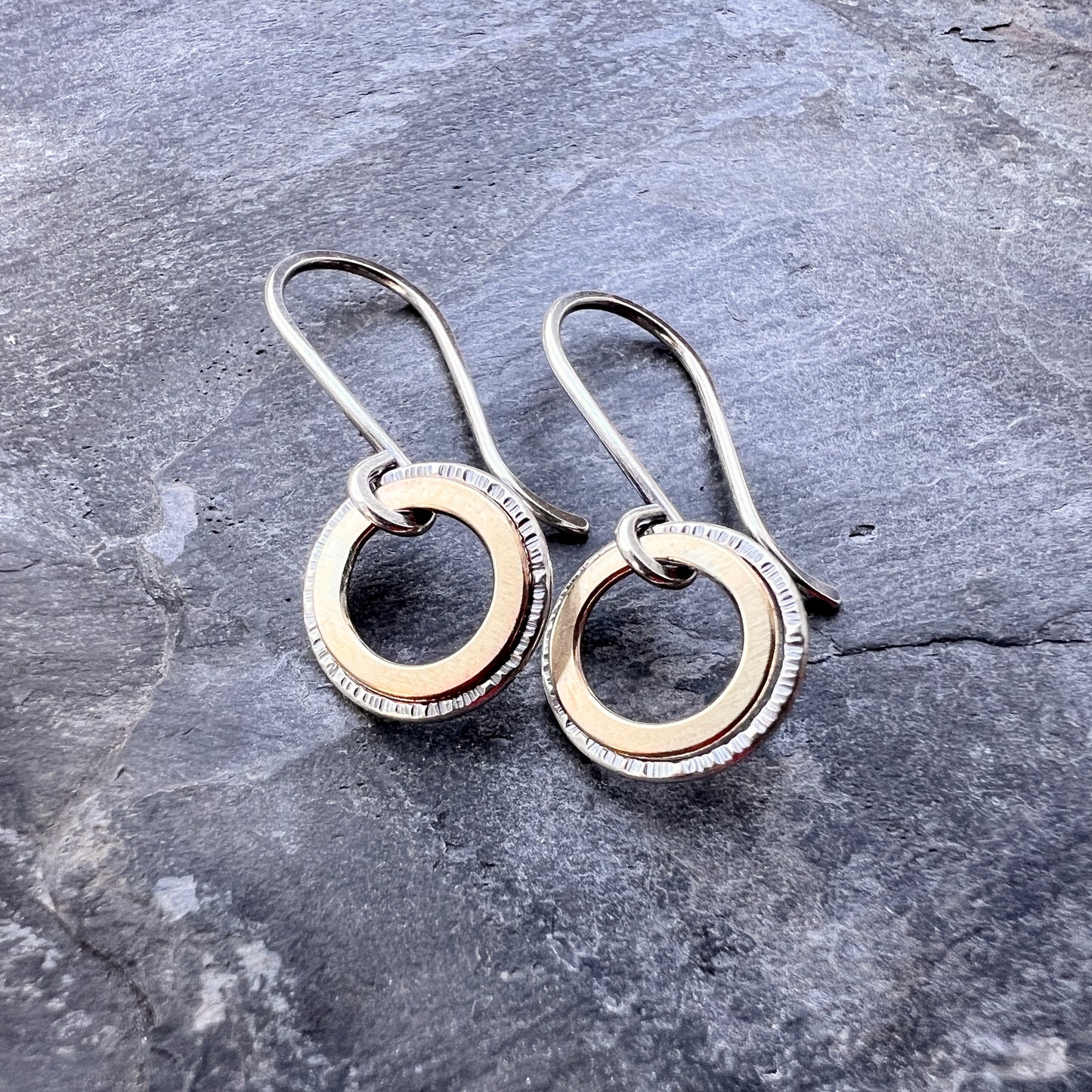 Sterling Silver and Brass Earrings | Mixed Metal Tiny Ring Dangles