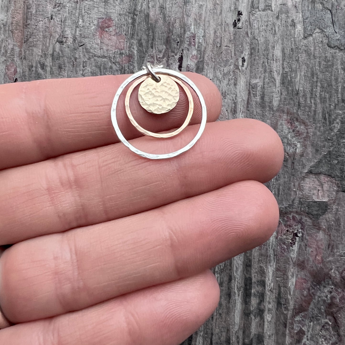 14k Goldfill and Sterling Silver Necklace | Mixed Metal Hammered Gold and Silver Circles Pendant Necklace