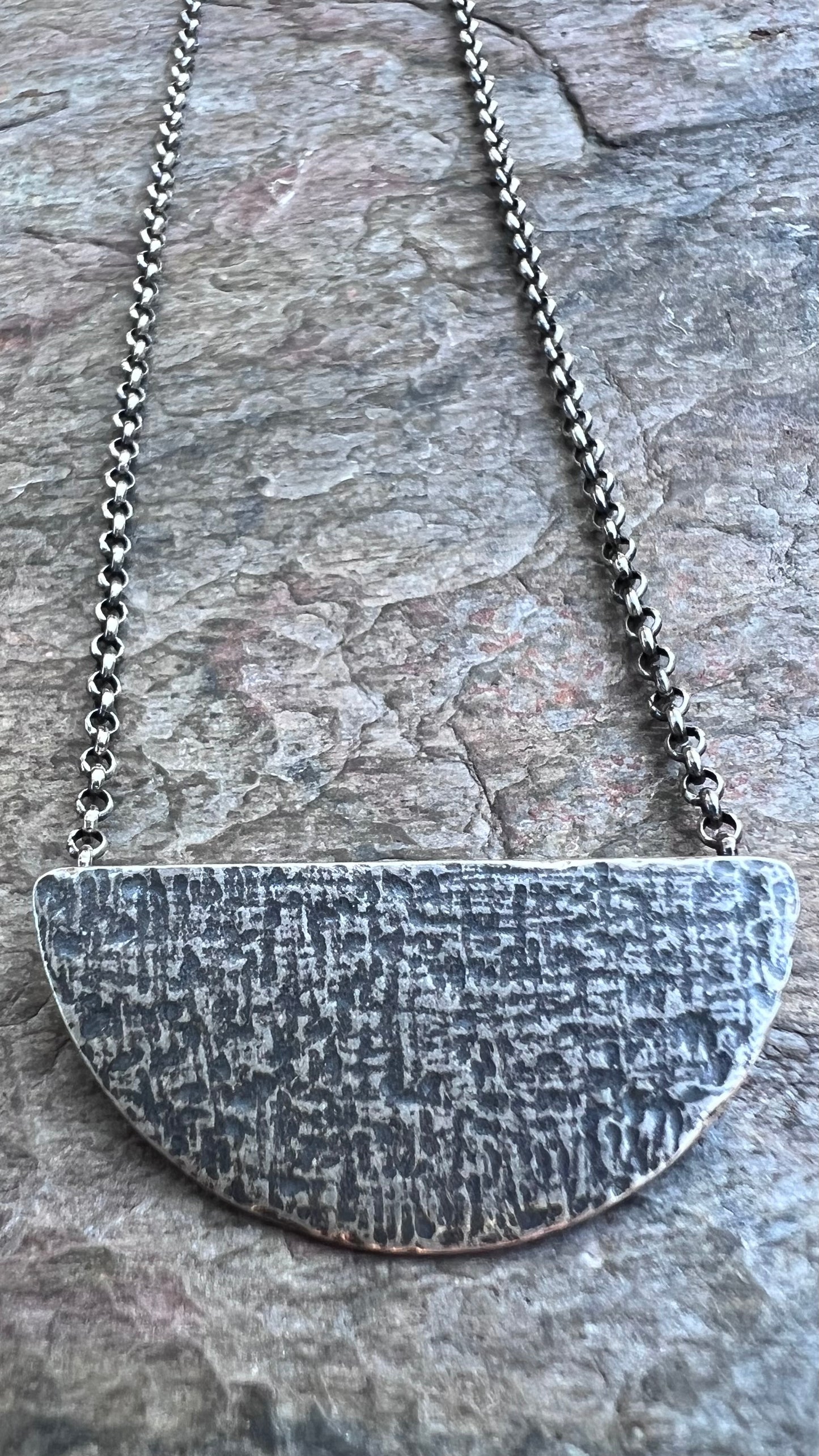 Sterling Silver Semicircle Necklace - Textured Half Moon Sterling Silver Pendant on Sterling Silver Chain