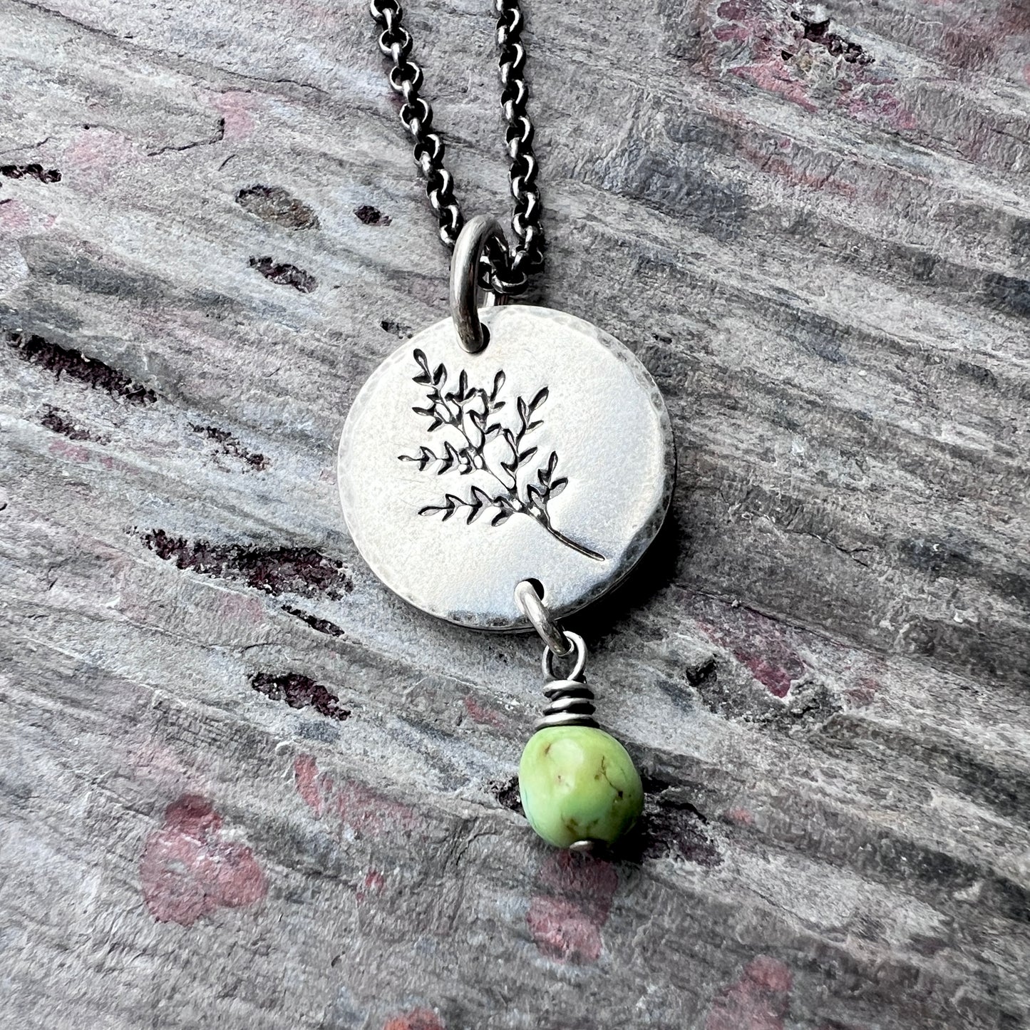 Sterling Silver Turquoise Necklace | Sprig Leaf Pendant with Genuine Turquoise Bead - Handmade Jewelry Gift for Nature Lover