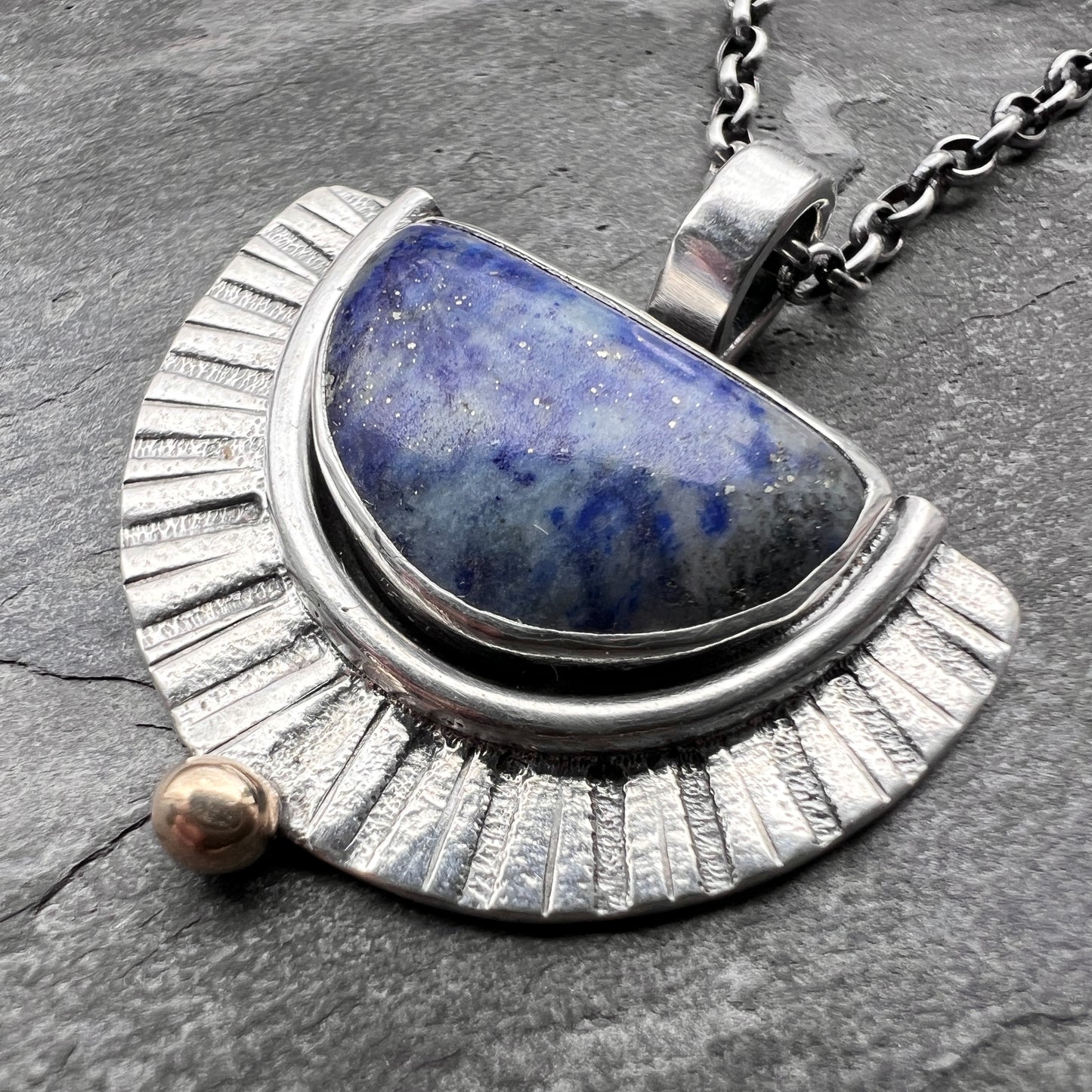 Sterling Silver Lapis Lazuli Necklace | Blue Natural Stone Half Moon Pendant