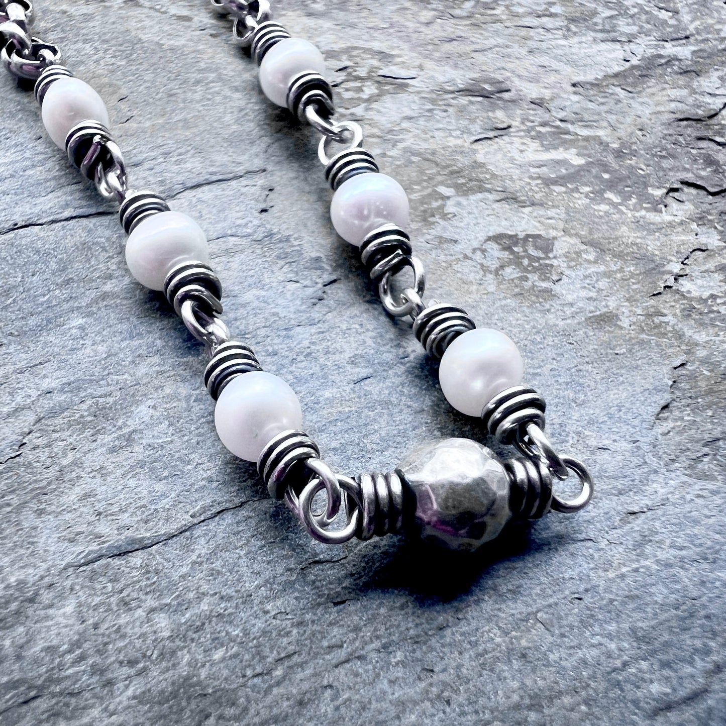 Sterling Silver Pearl Bracelet | Wire-wrapped Natural Pearl and Hammered Ball Bracelet