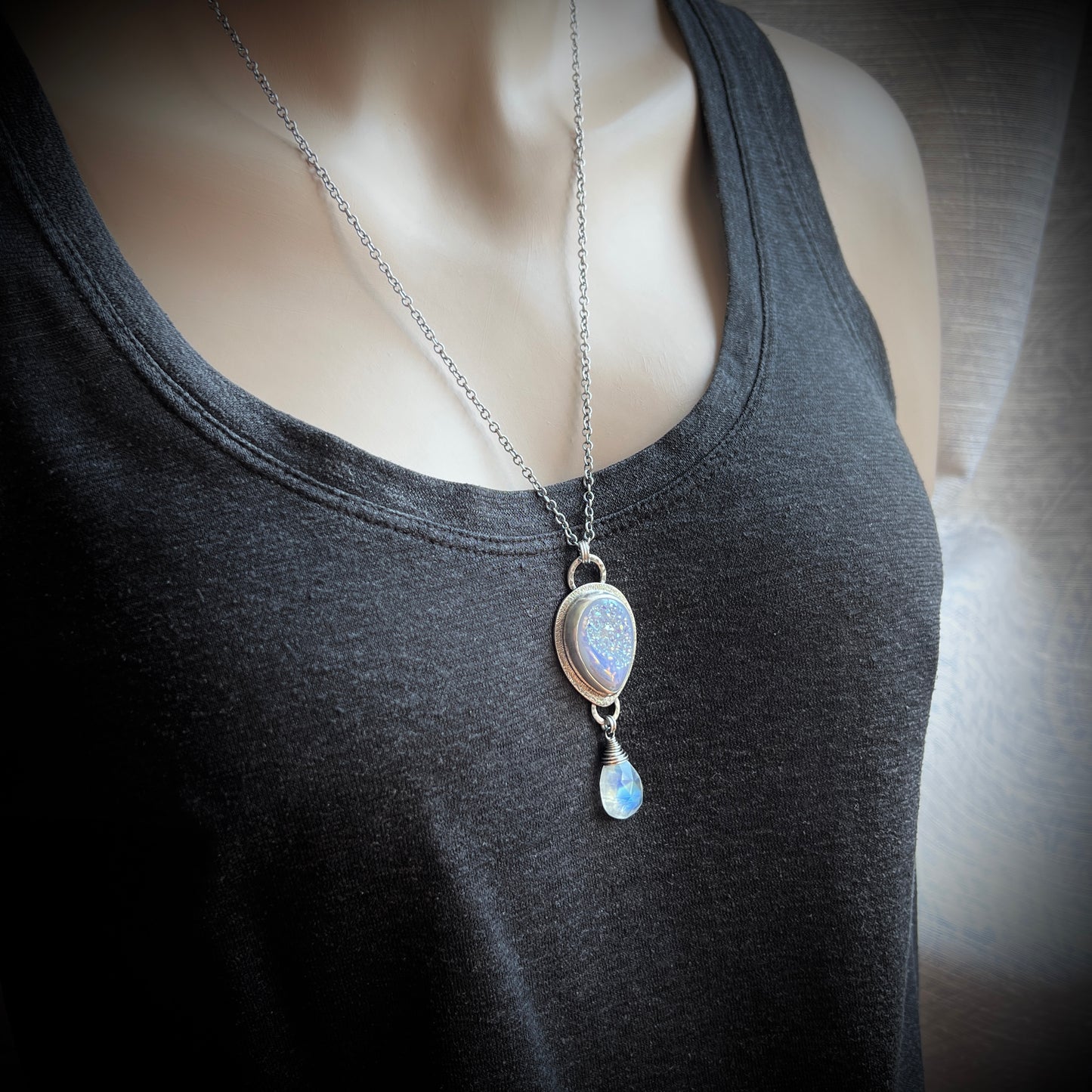 Sterling Silver Rainbow Moonstone and Druzy Necklace | Handmade One-of-a-Kind Stone Pendant