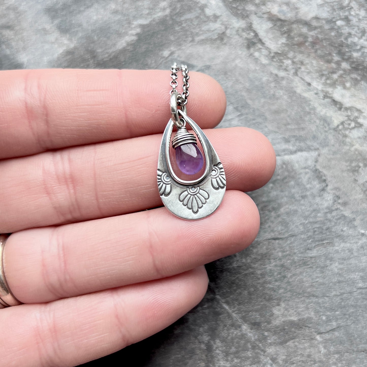 Genuine Amethyst Sterling Silver Necklace | Purple Teardrop Stamped Pendant