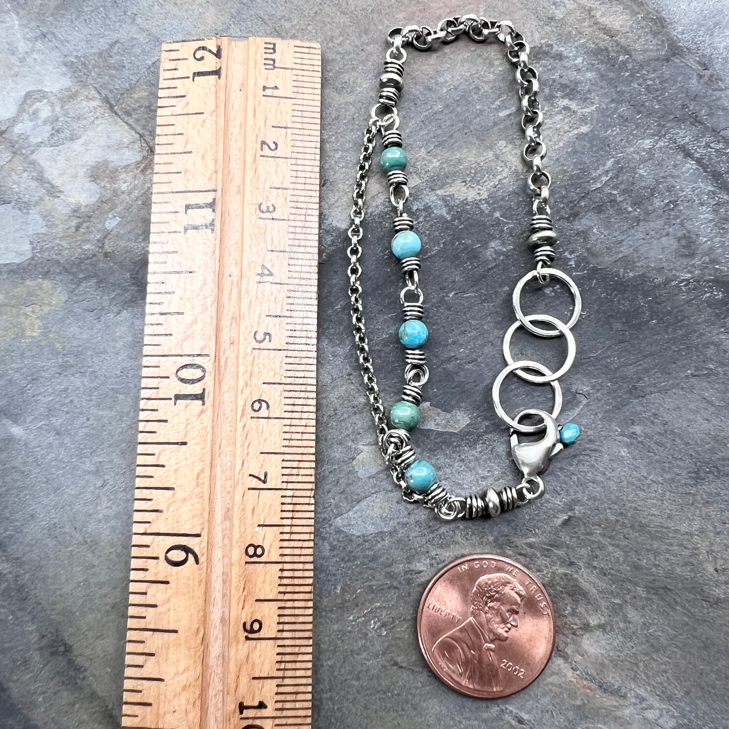 Sterling Silver Turquoise Bracelet | Genuine Turquoise Wire-wrapped Chain Bracelet