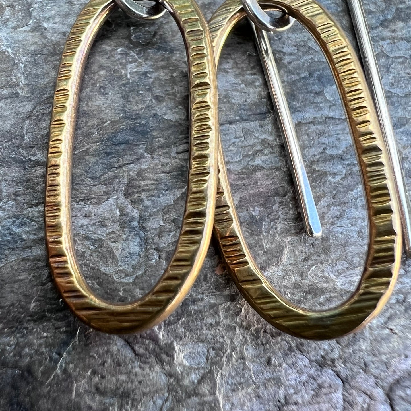 Brass and Sterling Silver Mixed Metal Earrings - Golden Brass Elongated Ovals on Handmade Sterling Silver Earwires