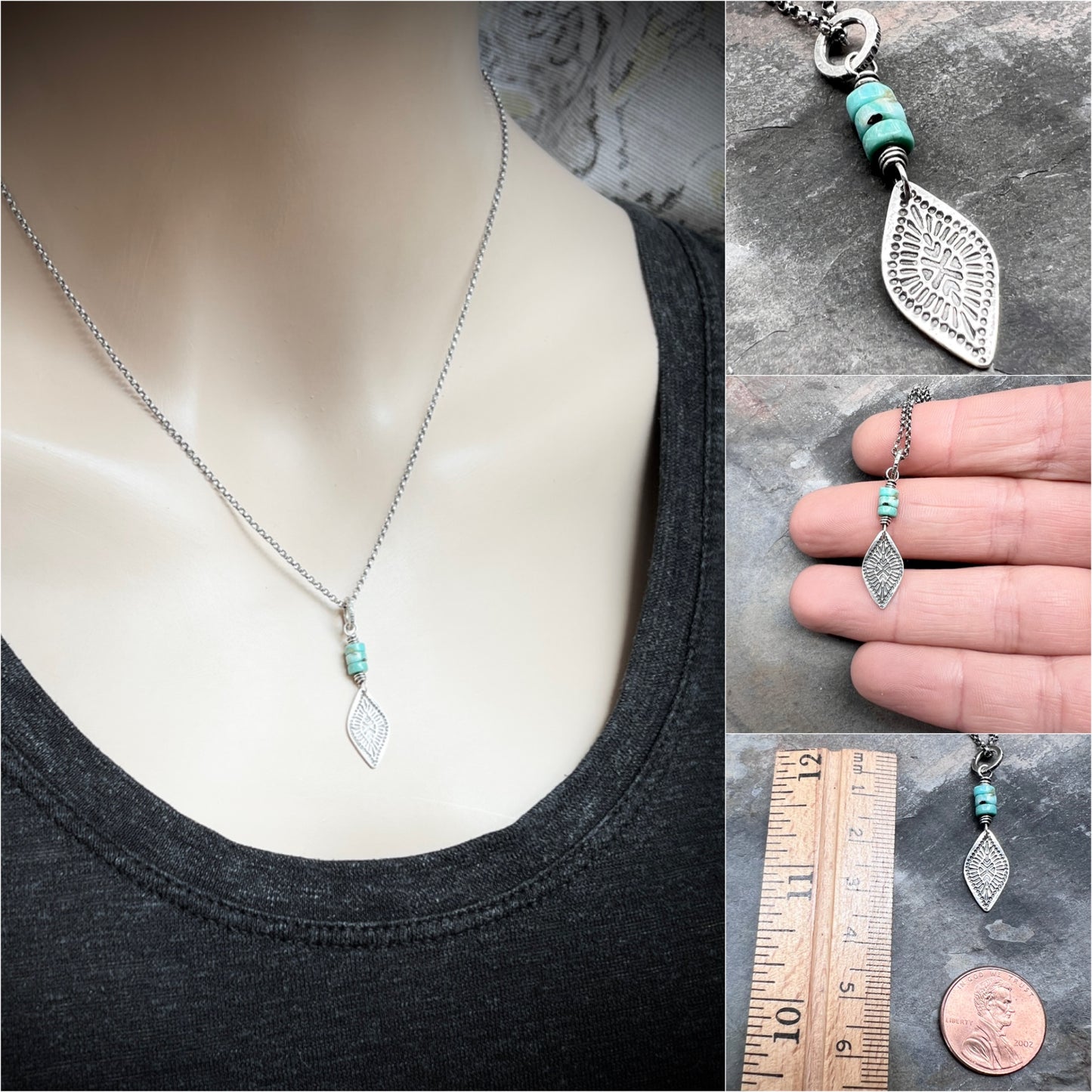Genuine Turquoise Sterling Silver Necklace | Natural Stone Beads with Stamped Pendant