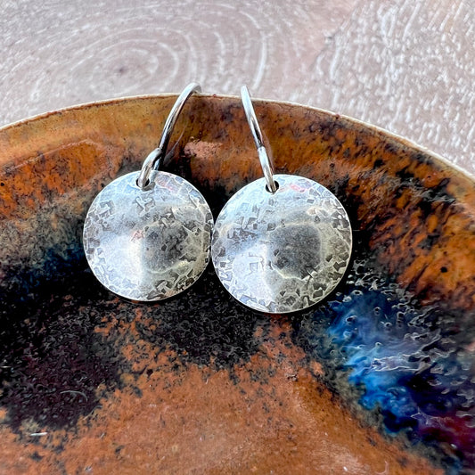 Sterling Silver Disc Earrings Minimalist Solid Silver Hammered Drop Dangle Earrings