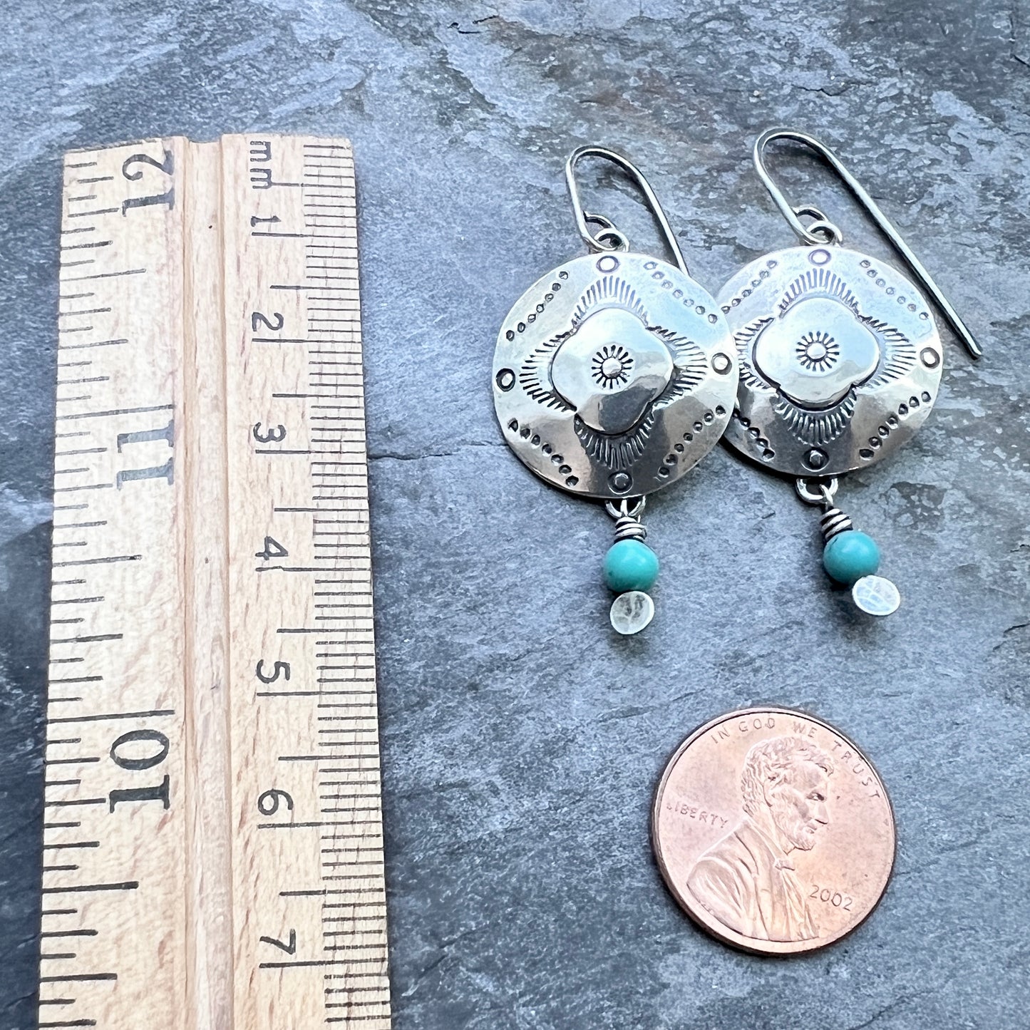 Sterling Silver Turquoise Earrings | Stamped Dangle Earrings with Genuine Turquoise Stone Beads