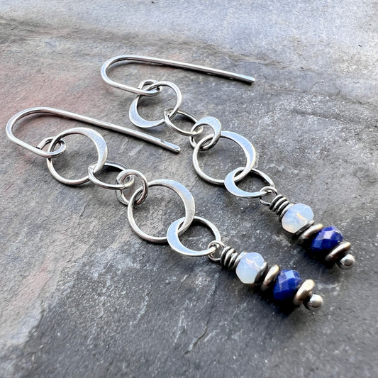 Sterling Silver Lapis Lazuli and Opalite Earrings | Blue Stone Long Chain Earrings