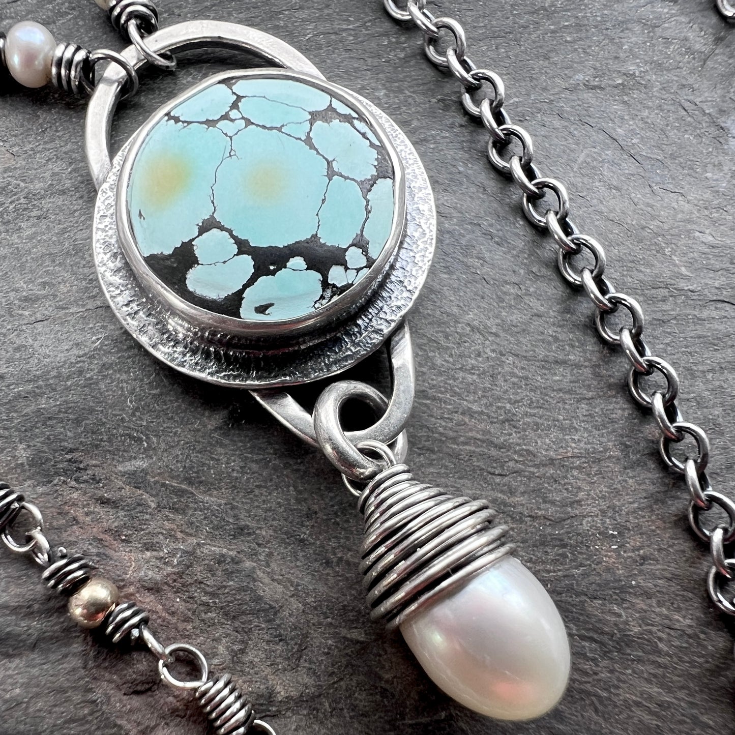 Sterling Silver Turquoise and Pearl Necklace | Natural Turquoise Cabochon with Wire-wrapped Pearl Pendant