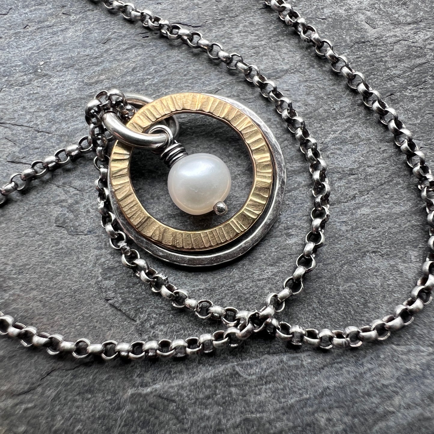 Dainty Pearl Sterling Silver Necklace | Mixed Metal White Pearl Pendant