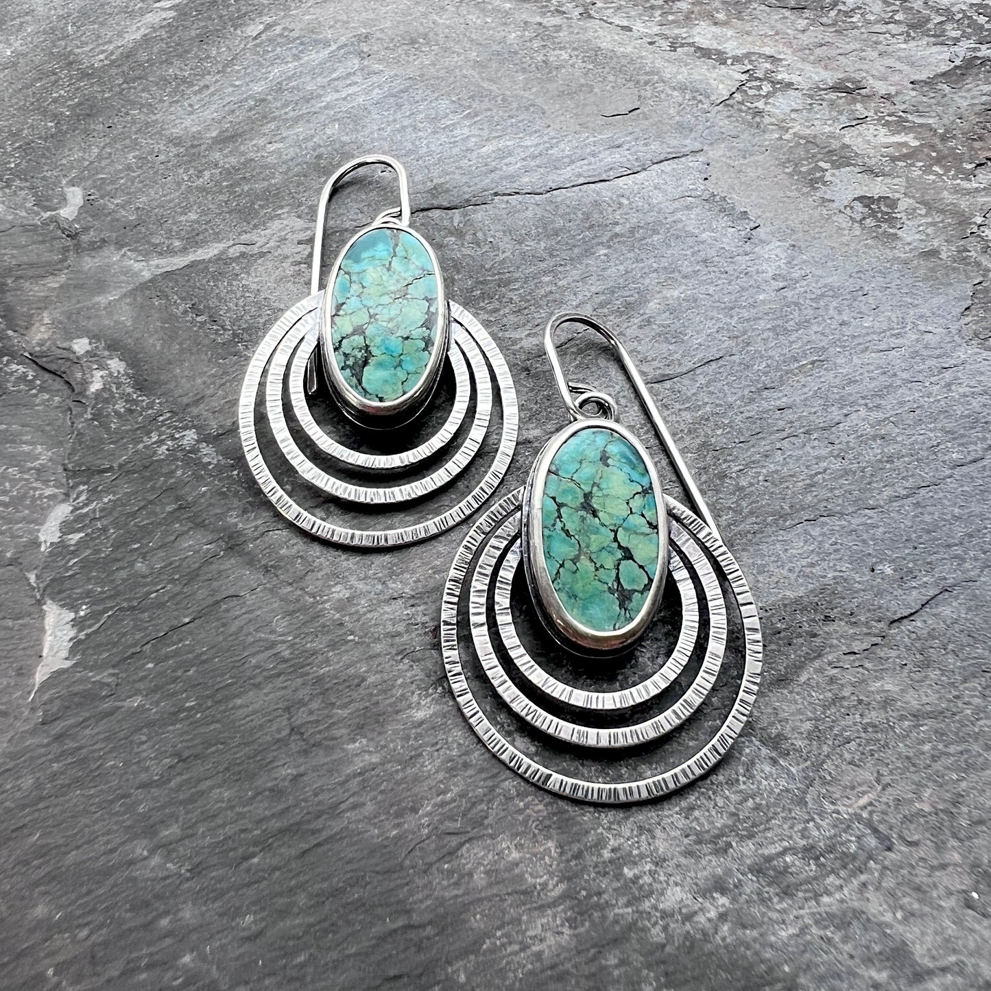 Genuine Turquoise Sterling Silver Earrings | Natural Stone Cabochons with Textured Hoop Dangles