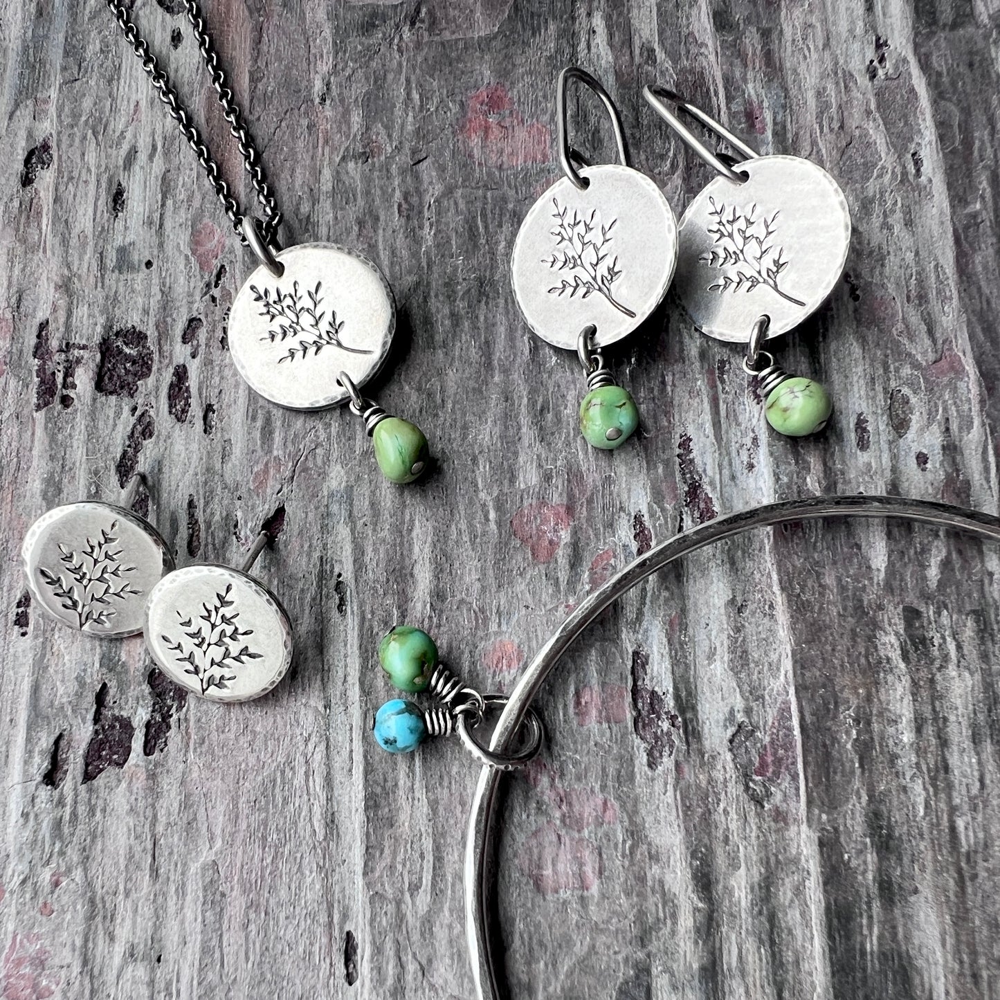 Sterling Silver Turquoise Necklace | Sprig Leaf Pendant with Genuine Turquoise Bead - Handmade Jewelry Gift for Nature Lover
