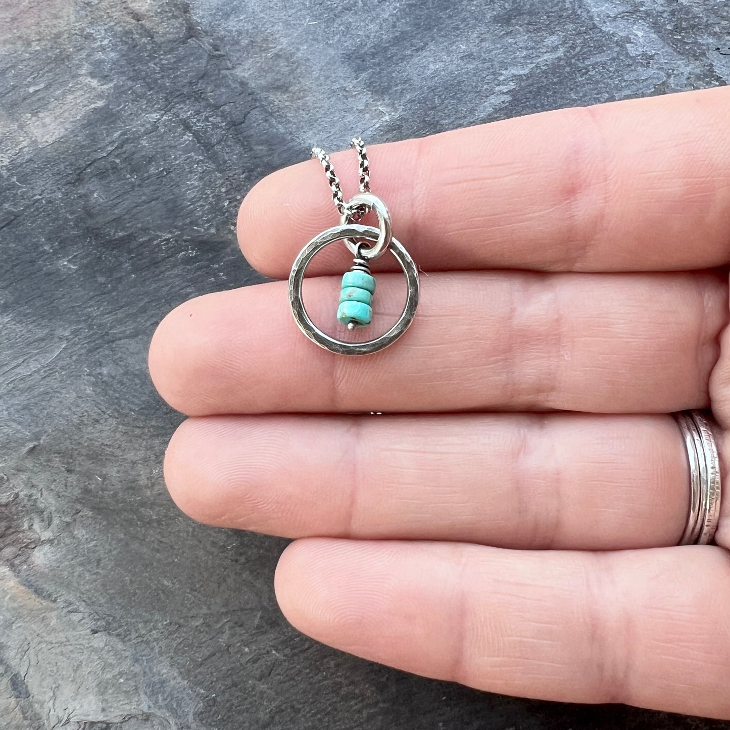 Turquoise Sterling Silver Necklace - Genuine Turquoise in Hammered Circle Pendant